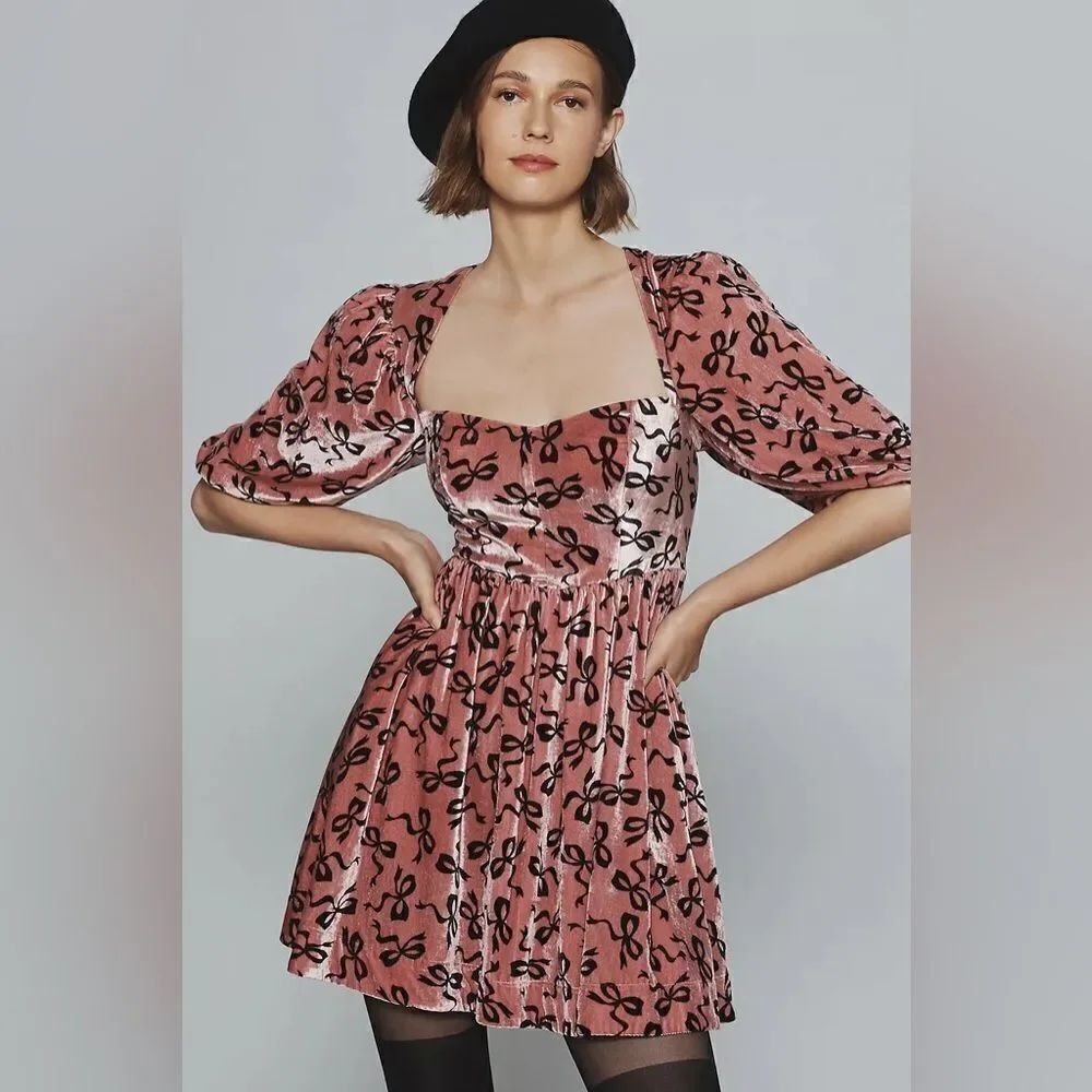 Maeve Anthropologie Sweetheart velvet mini dress bows PINK black S new